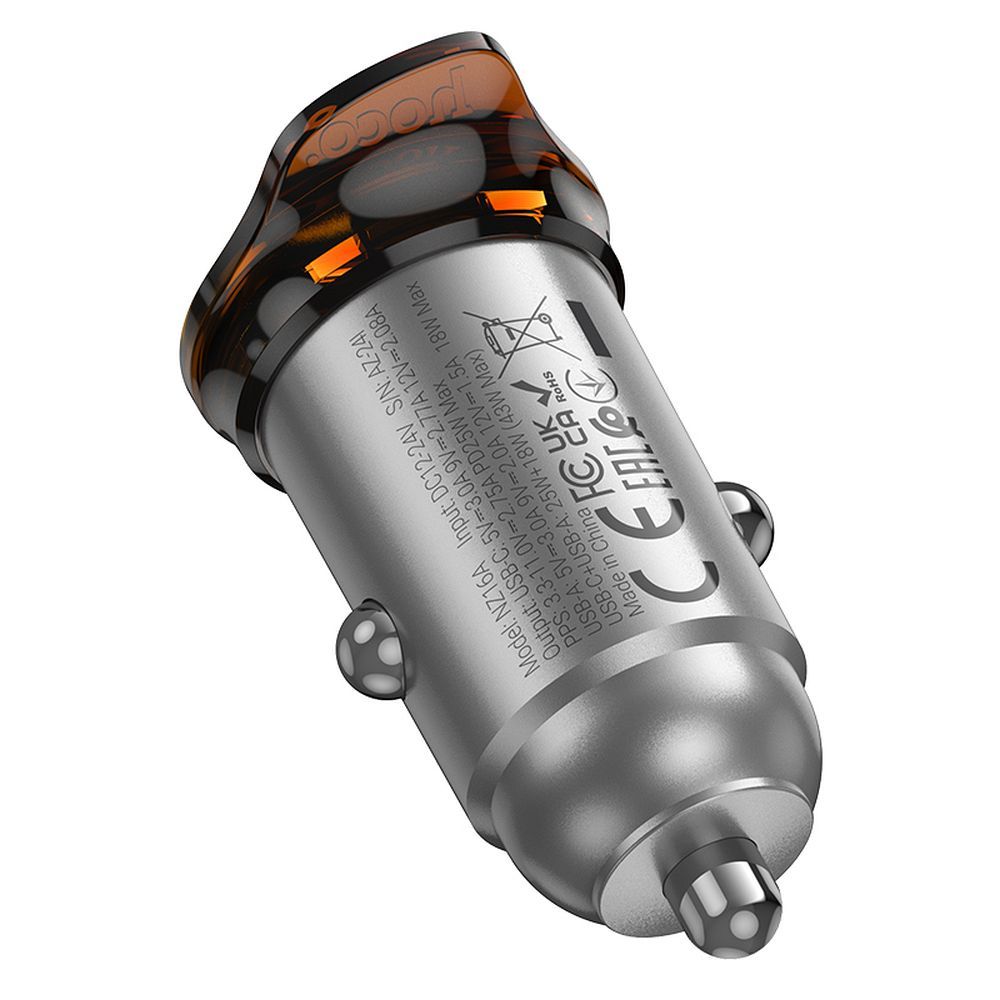 Auto nabíjačka s káblom Lightning HOCO NZ16A, 43W, 3A, 1 x USB-A - 1 x USB-C, Sivá