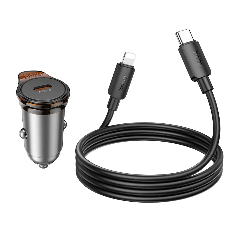 Auto nabíjačka s káblom Lightning HOCO NZ16, 30W, 3A, 1 x USB-C, Sivá