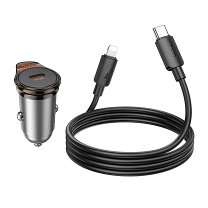 Auto nabíjačka s káblom Lightning HOCO NZ16, 30W, 3A, 1 x USB-C, Sivá