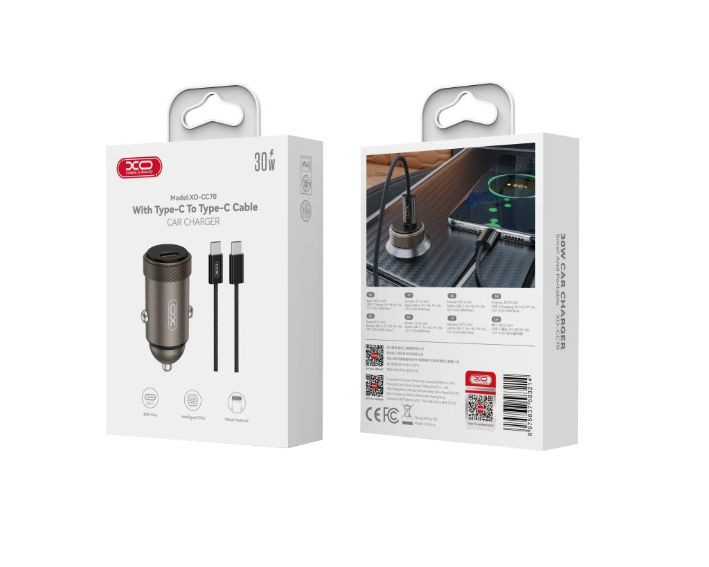 Auto nabíjačka s káblom USB-C XO Design CC70, 30W, 3A, 1 x USB-C, Čierna