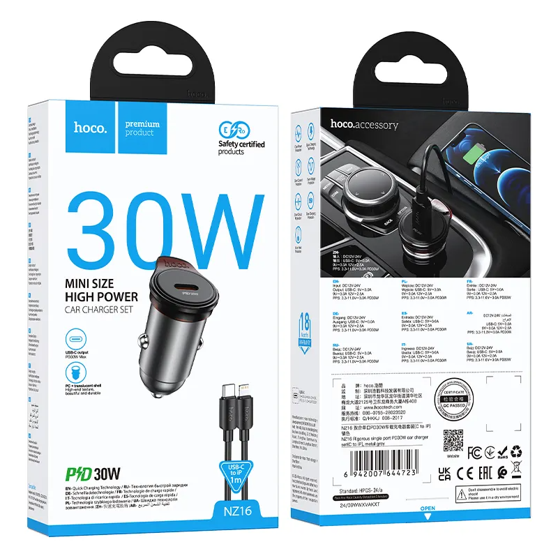 Auto nabíjačka s káblom Lightning HOCO NZ16, 30W, 3A, 1 x USB-C, Sivá