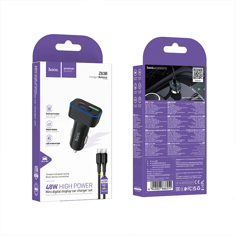 Auto nabíjačka s USB-C káblom HOCO Z63B Display, 48W, 3A, 1 x USB-A - 1 x USB-C, Čierna