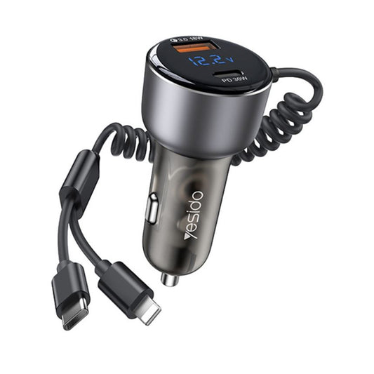 Car Charger with USB-C / Lightning Cable Yesido Y58 Display, 60W, 3A, 1 x USB-A - 1 x USB-C, Gray