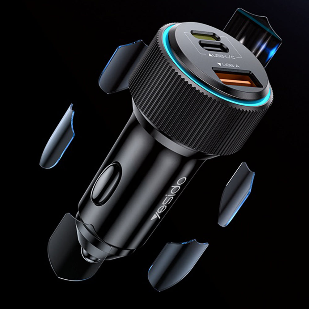 Auto nabíjačka s káblom Lightning Yesido Y60, 38W, 3A, 1 x USB-A - 2 x USB-C, Čierna