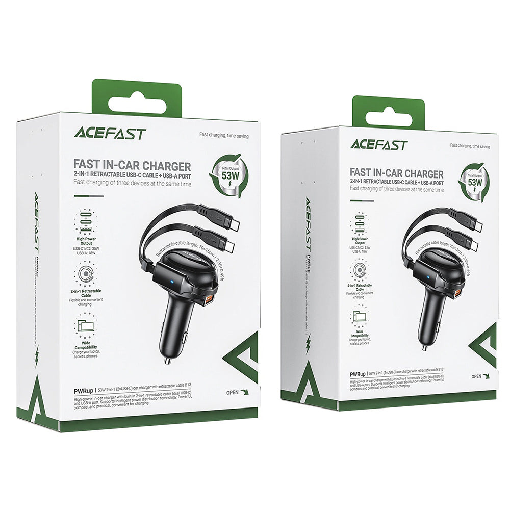 Auto nabíjačka s USB-C káblom Acefast B13, 53W, 3A, 1 x USB-A, Čierna