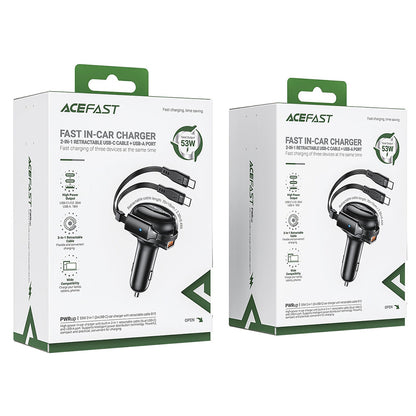 Auto nabíjačka s USB-C káblom Acefast B13, 53W, 3A, 1 x USB-A, Čierna