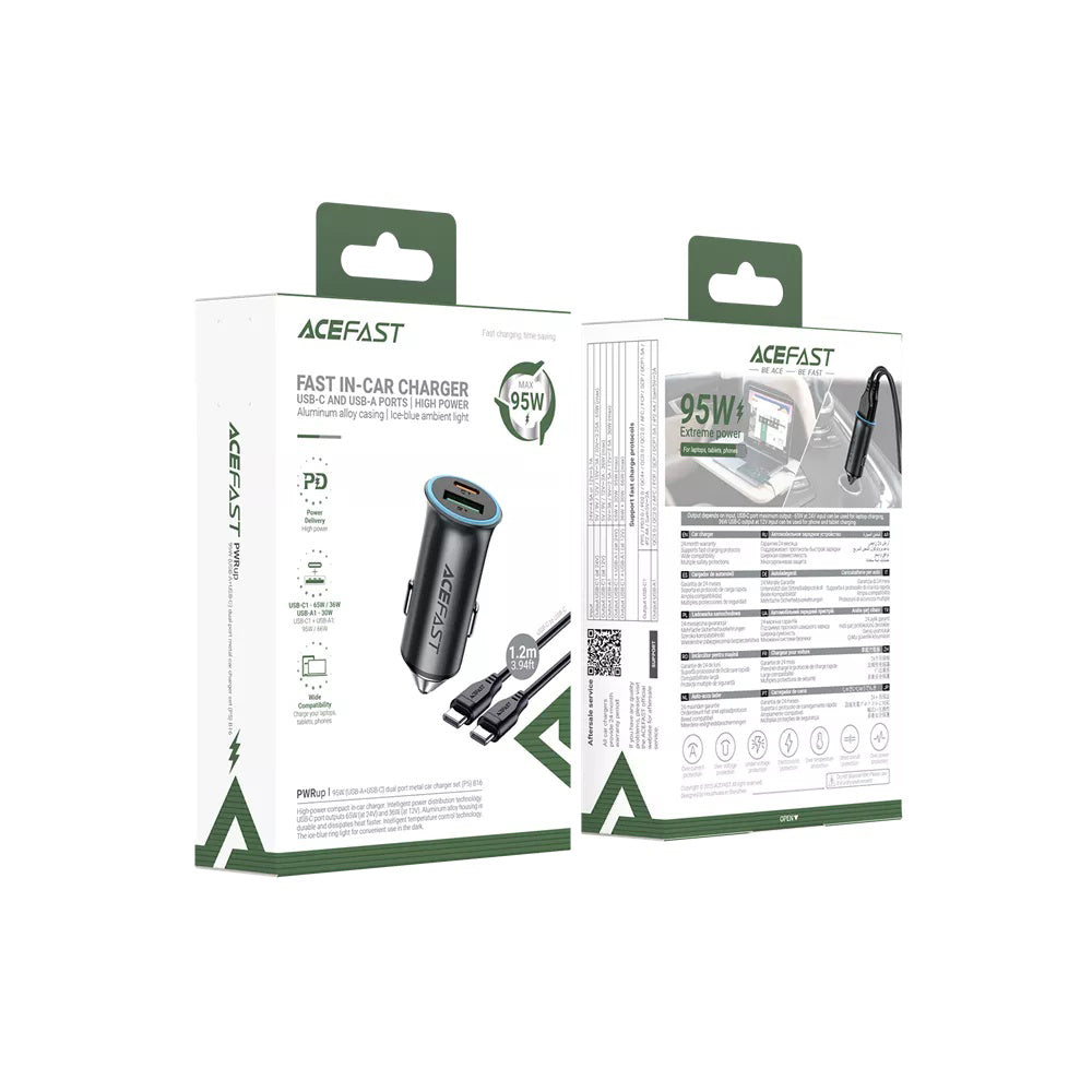 Auto nabíjačka s USB-C káblom Acefast B16, 95W, 3.25A, 1 x USB-A - 1 x USB-C, Sivá