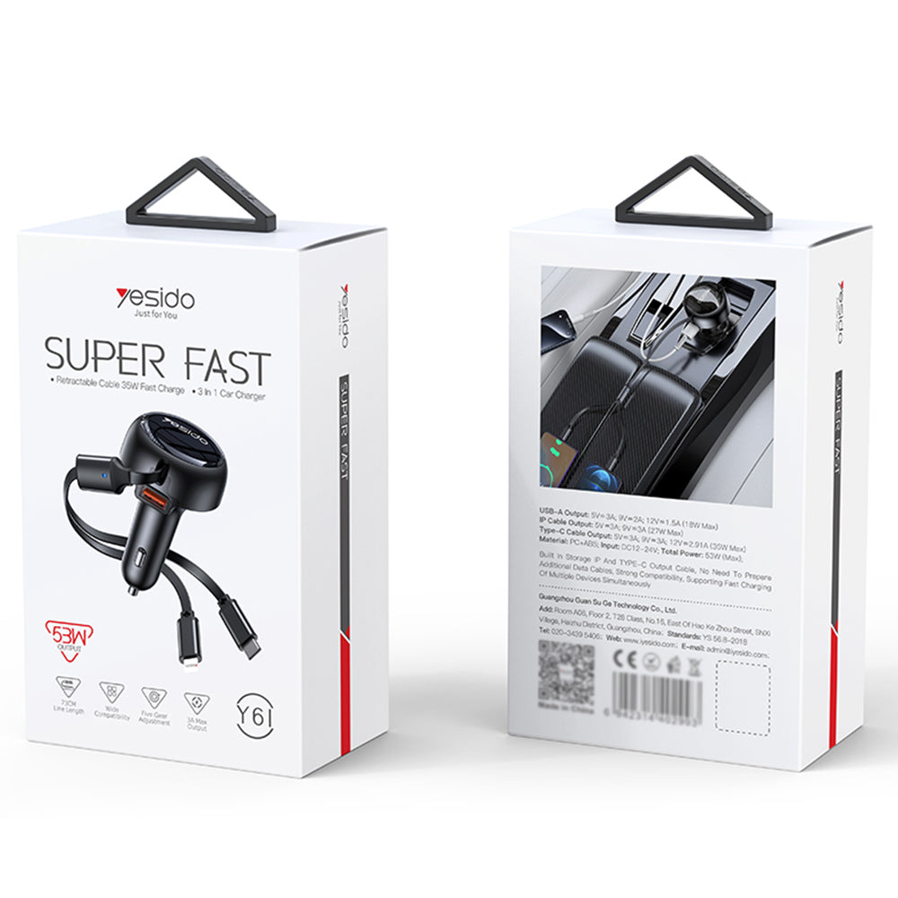 Auto nabíjačka s káblom USB-C / Lightning Yesido Y61, 53W, 3A, 1 x USB-A, Čierna