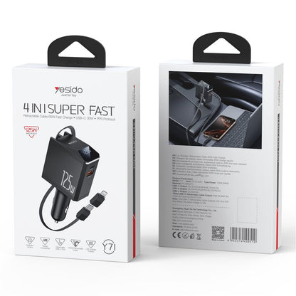 Car Charger with USB-C / Lightning Cable Yesido Y71 Display, 125W, 3A, 1 x USB-A - 1 x USB-C, Black