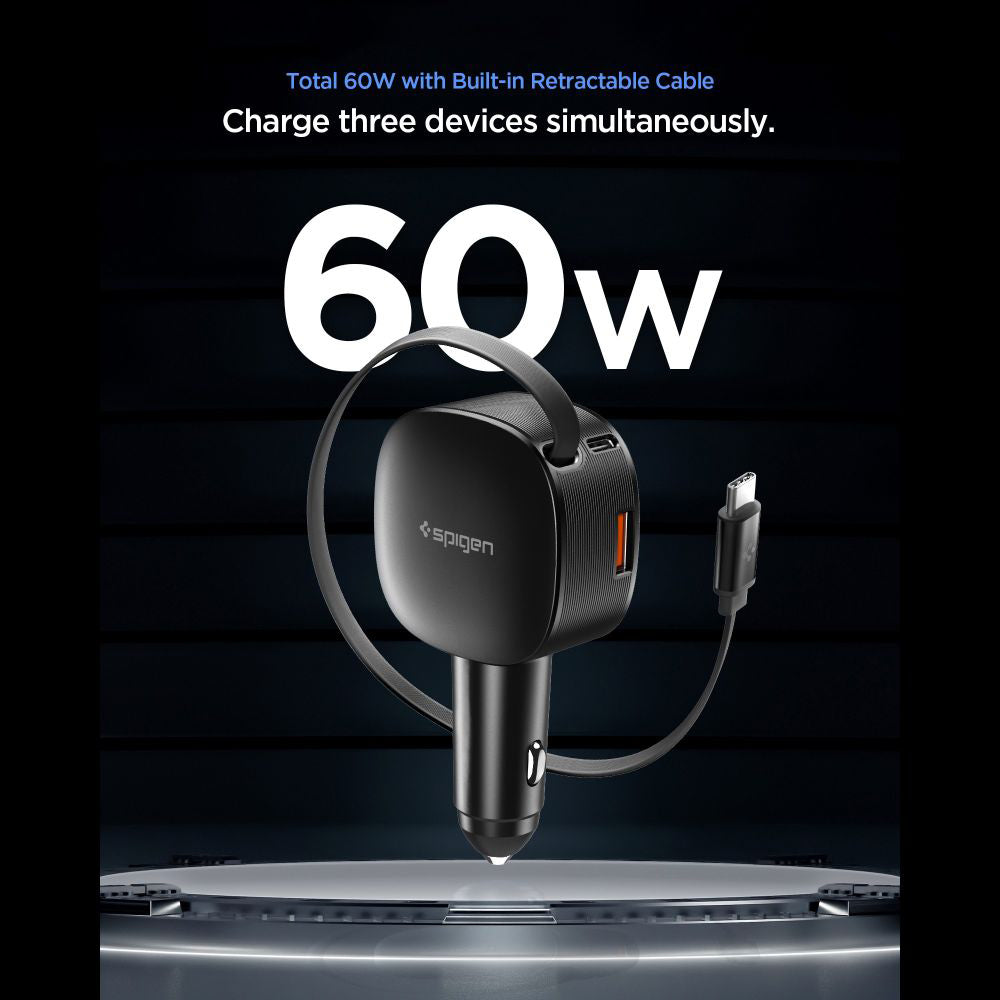 Auto nabíjačka s USB-C káblom Spigen EV603BT Essential, 60W, 3A, 1 x USB-A - 1 x USB-C, Čierna