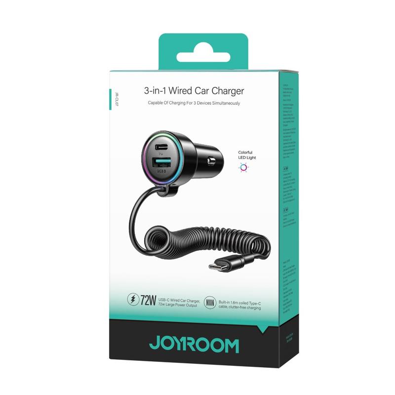 Auto nabíjačka s káblom USB-C Joyroom JR-CL07, 90W, 3A, 1 x USB-A - 1 x USB-C, Čierna