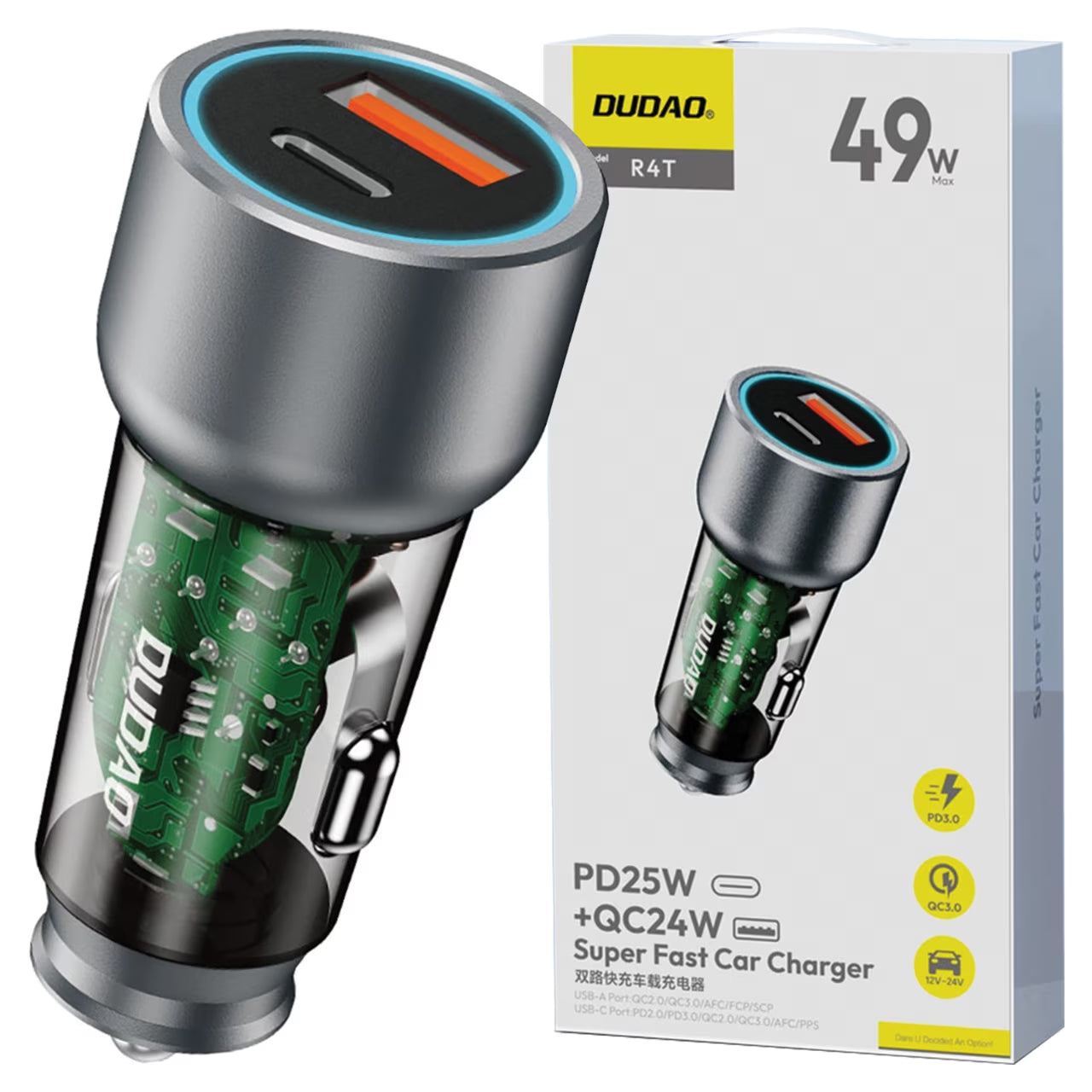 Car Charger Dudao R4T, 30W, 3A, 1 x USB-A - 1 x USB-C, Grey 