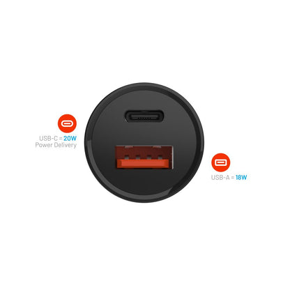 Auto nabíjačka Fixed, 20W, 3A, 1 x USB-A - 1 x USB-C, Čierna