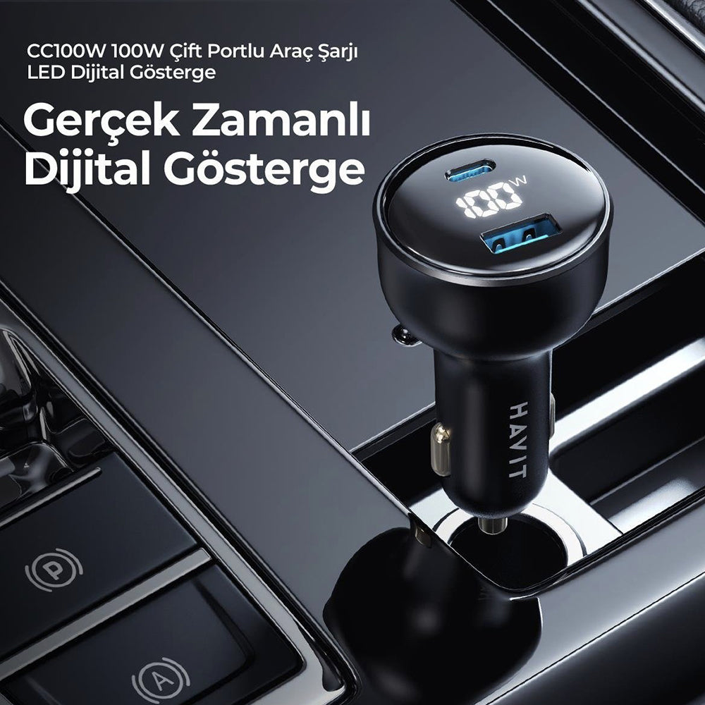 Auto nabíjačka HAVIT CC100W Display, 100W, 5A, 1 x USB-A - 1 x USB-C, Čierna