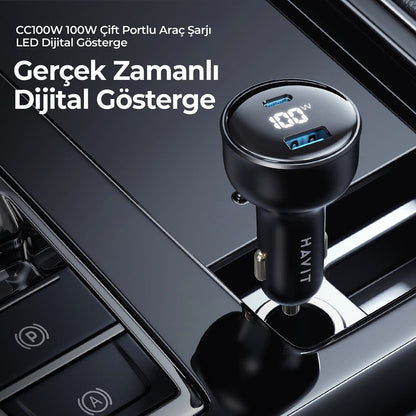 Auto nabíjačka HAVIT CC100W Display, 100W, 5A, 1 x USB-A - 1 x USB-C, Čierna