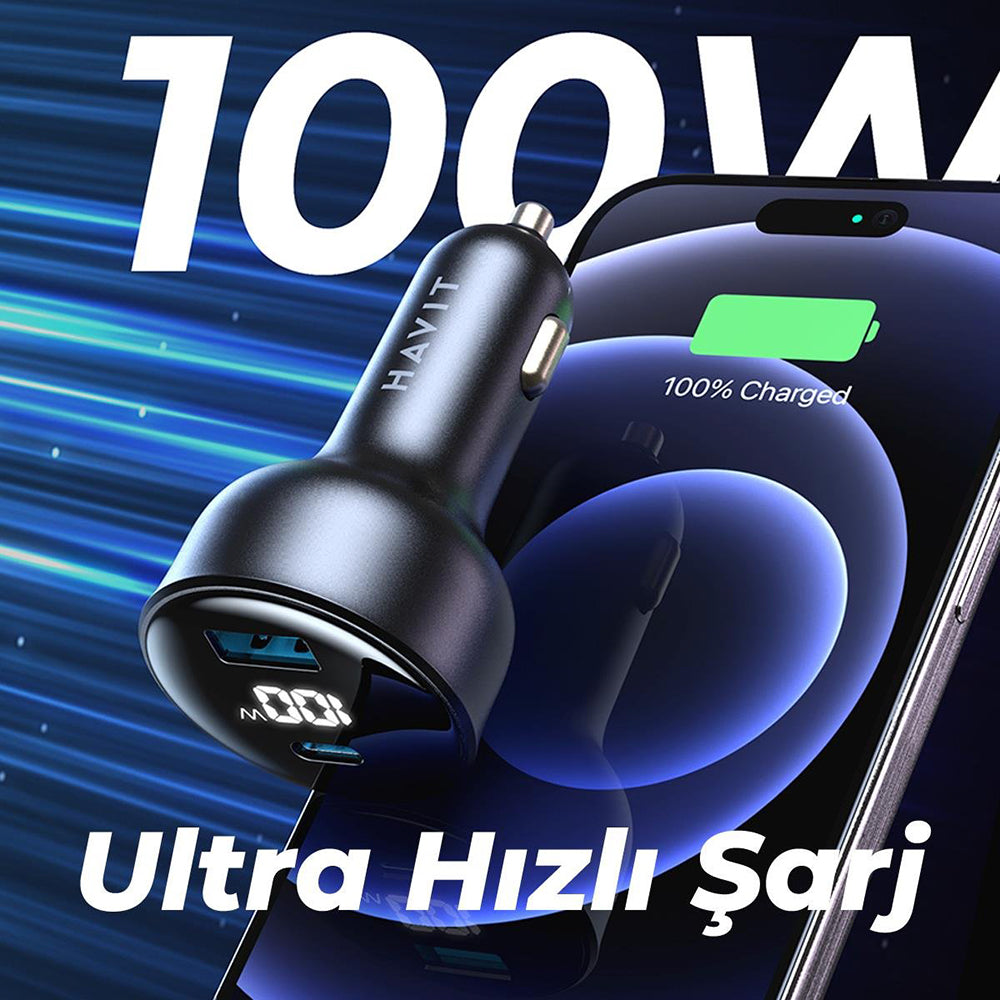 Auto nabíjačka HAVIT CC100W Display, 100W, 5A, 1 x USB-A - 1 x USB-C, Čierna