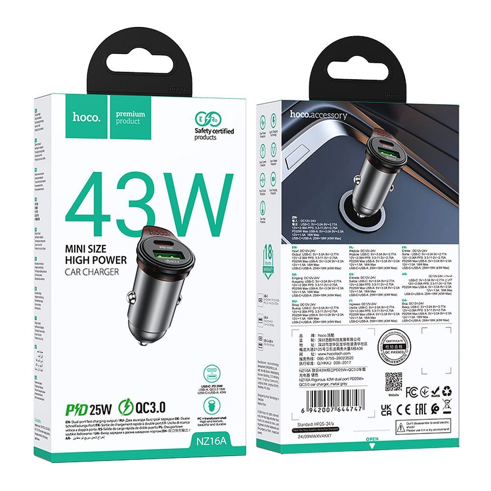 Auto nabíjačka HOCO NZ16A, 43W, 3A, 1 x USB-A - 1 x USB-C, Sivá