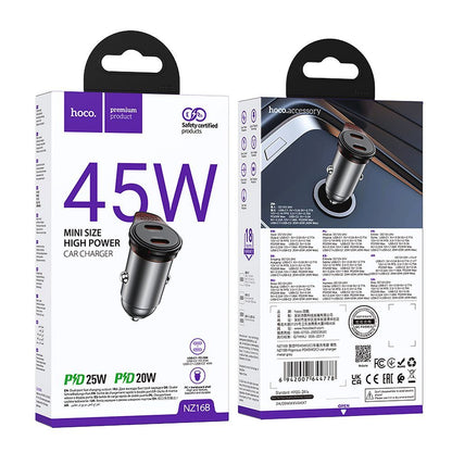 Auto nabíjačka HOCO NZ16B, 45W, 3A, 2 x USB-C, Sivá