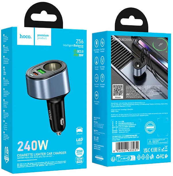 Auto nabíjačka HOCO Z56, 35W, 3A, 1 x USB-A - 1 x USB-C - 1 x Predlžovací kábel do zapaľovača, Čierna