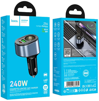Auto nabíjačka HOCO Z56, 35W, 3A, 1 x USB-A - 1 x USB-C - 1 x Predlžovací kábel do zapaľovača, Čierna