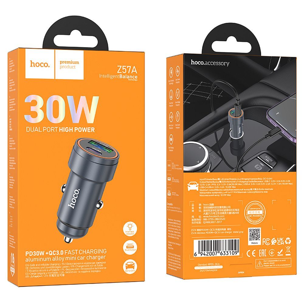 Auto nabíjačka HOCO Z57A, 30W, 3A, 1 x USB-A - 1 x USB-C, Sivá