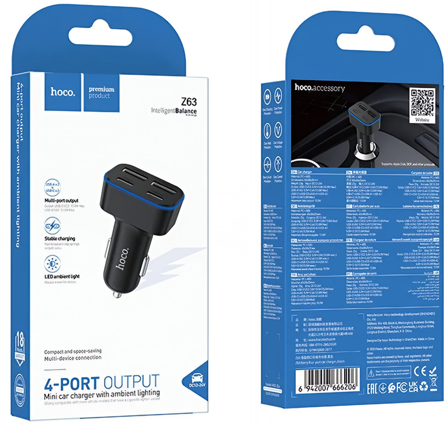 Auto nabíjačka HOCO Z63, 42W, 3A, 2 x USB-A - 2 x USB-C, Čierna