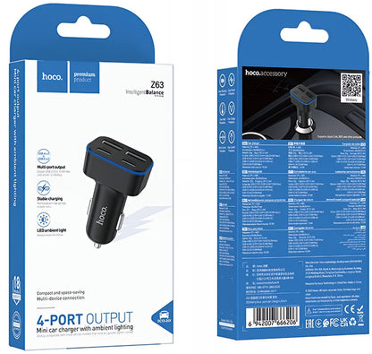 Auto nabíjačka HOCO Z63, 42W, 3A, 2 x USB-A - 2 x USB-C, Čierna