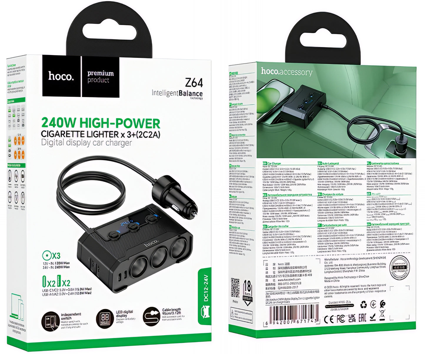 Auto nabíjačka HOCO Z64, 15.5W, 3.1A, 2 x USB-A - 2 x USB-C - 3 x Rozšírenie Zapaľovača, Čierna