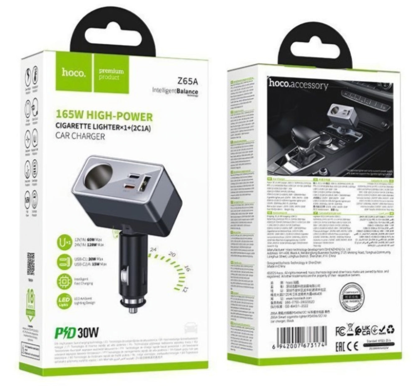 Auto nabíjačka HOCO Z65A, 165W, 3A, 1 x rozšírenie zapaľovača - 1 x USB-A - 2 x USB-C, čierna