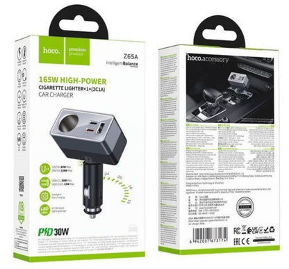 Auto nabíjačka HOCO Z65A, 165W, 3A, 1 x rozšírenie zapaľovača - 1 x USB-A - 2 x USB-C, čierna