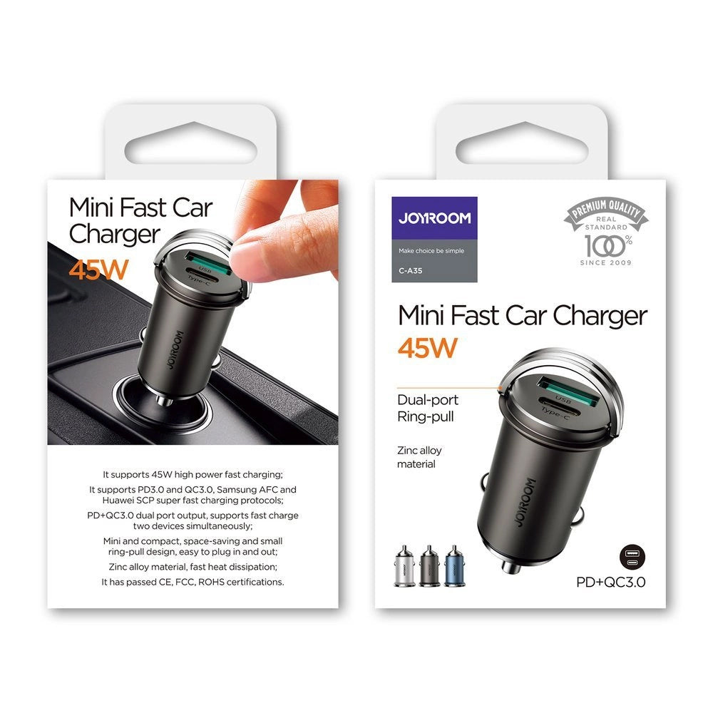 Auto nabíjačka Joyroom C-A35, 45W, 5A, 1 x USB-A - 1 x USB-C, Sivá