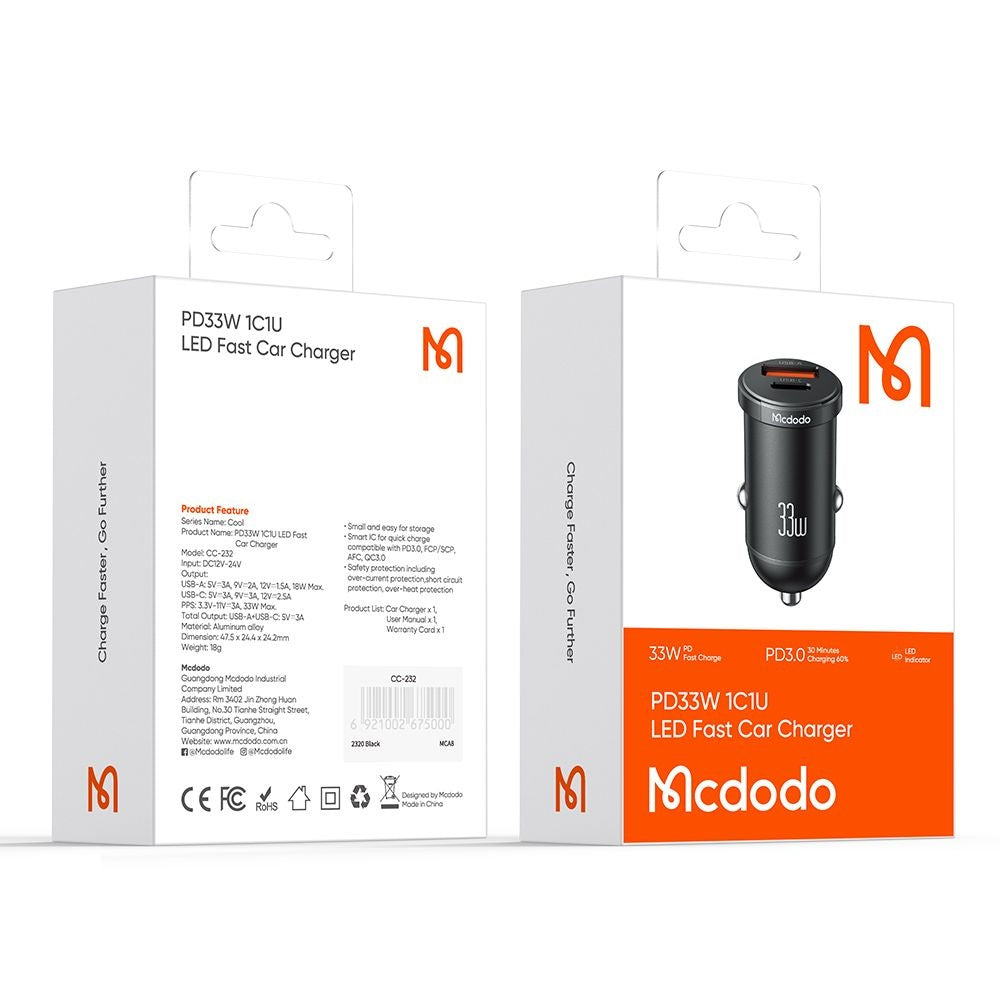 Auto nabíjačka McDodo CC-2320 Cool, 33W, 3A, 1 x USB-A - 1 x USB-C, Čierna