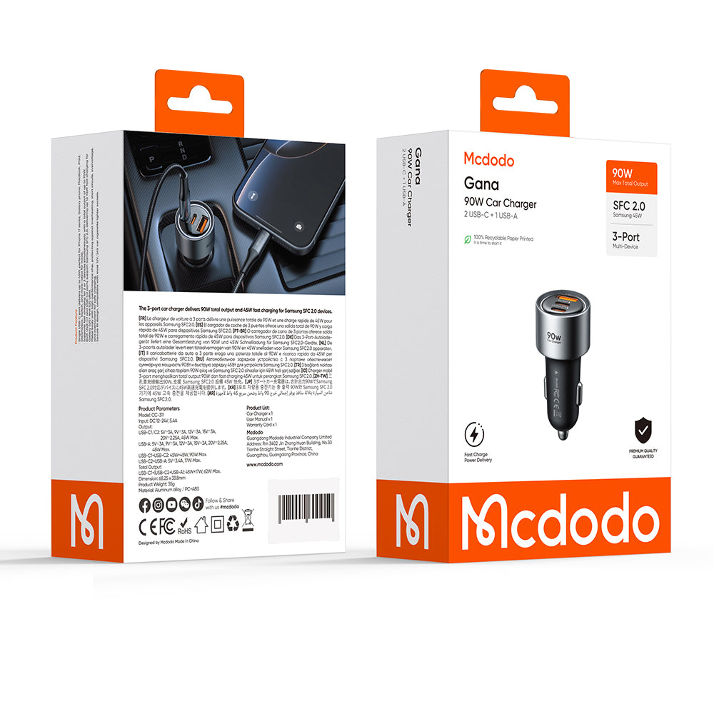 Autonabíjačka McDodo CC-3110 Gana, 90W, 3A, 1 x USB-A - 2 x USB-C, čierna