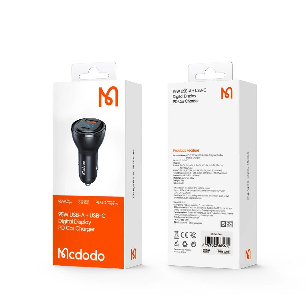 Auto nabíjačka McDodo CC-5670 Display, 95W, 5A, 1 x USB-A - 1 x USB-C, Čierna