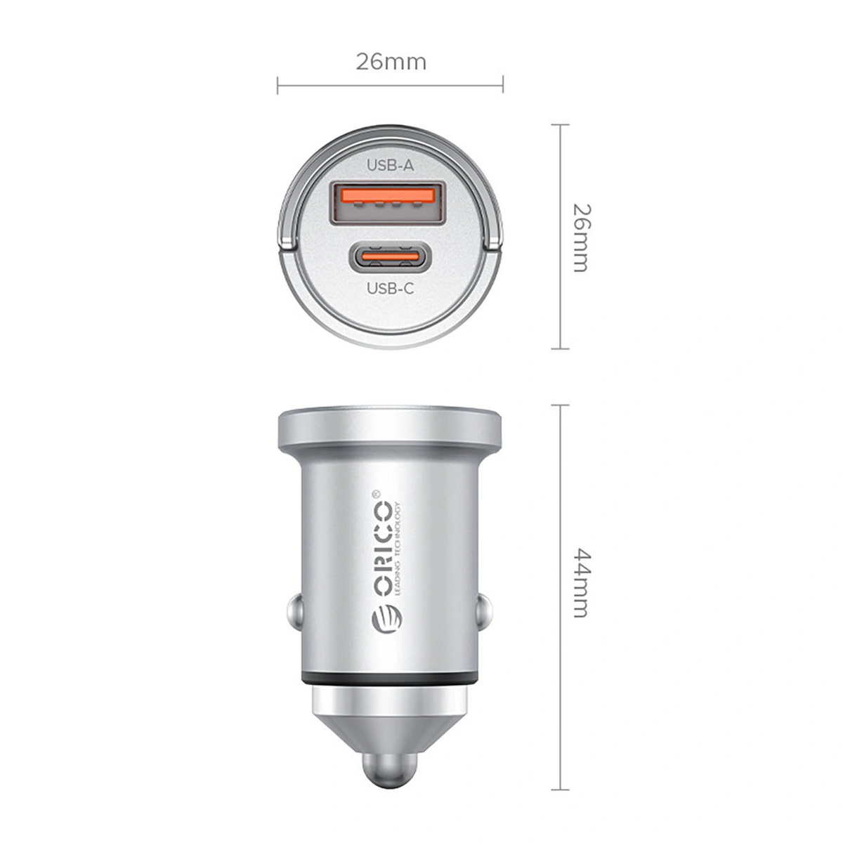 Autonabíjačka Orico MiniRing Pro, 45W, 3A, 1 x USB-A - 1 x USB-C, Strieborná