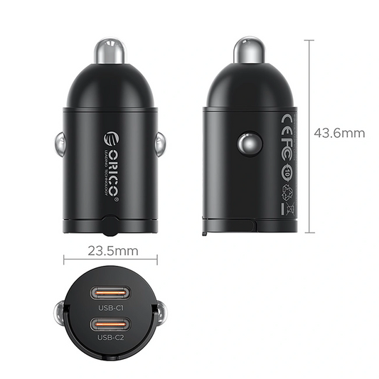 Autonabíjačka Orico MiniRing, 30W, 3A, 2 x USB-C, Čierna