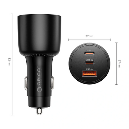 Autonabíjačka Orico PowerLink, 165W, 5A, 1 x USB-A - 2 x USB-C, Čierna