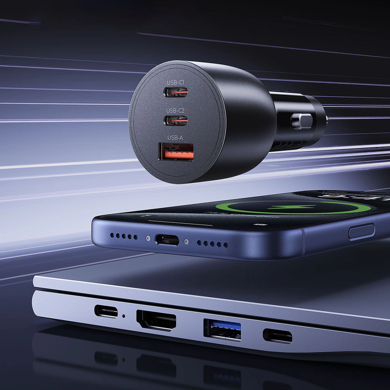 Autonabíjačka Orico PowerLink, 165W, 5A, 1 x USB-A - 2 x USB-C, Čierna