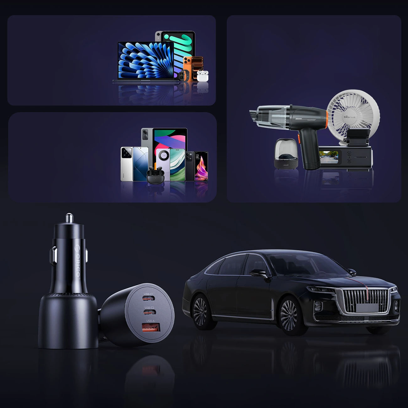 Autonabíjačka Orico PowerLink, 165W, 5A, 1 x USB-A - 2 x USB-C, Čierna