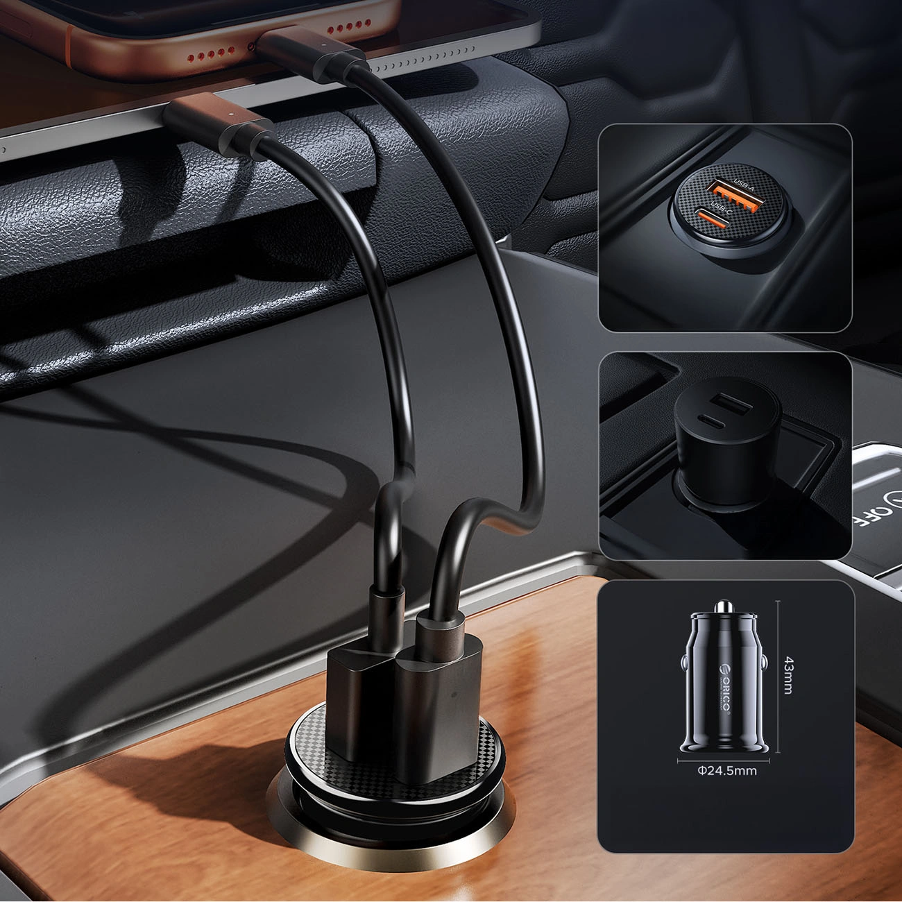 Autonabíjačka Orico PowerMini, 30W, 3A, 1 x USB-A - 1 x USB-C, Čierna
