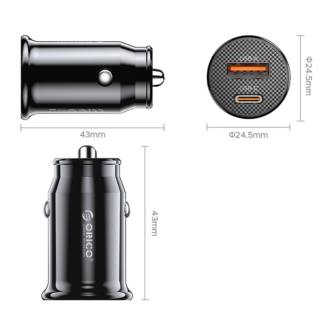 Autonabíjačka Orico PowerMini, 30W, 3A, 1 x USB-A - 1 x USB-C, Čierna