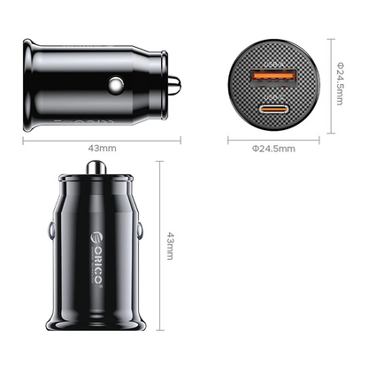 Autonabíjačka Orico PowerMini, 30W, 3A, 1 x USB-A - 1 x USB-C, Čierna