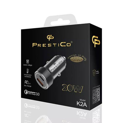 Prestico K2A Car Charger, 20W, 3A, 1 x USB-A - 1 x USB-C, Black