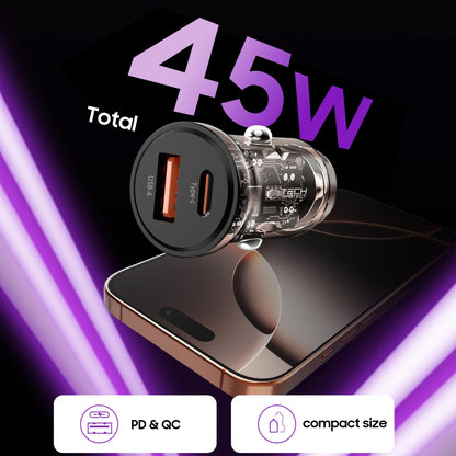 Auto nabíjačka Tech-Protect CC01, 45W, 5A, 1 x USB-A - 1 x USB-C, čierna