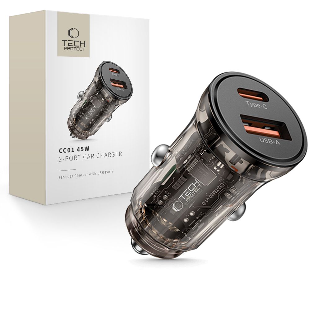 Auto nabíjačka Tech-Protect CC01, 45W, 5A, 1 x USB-A - 1 x USB-C, čierna