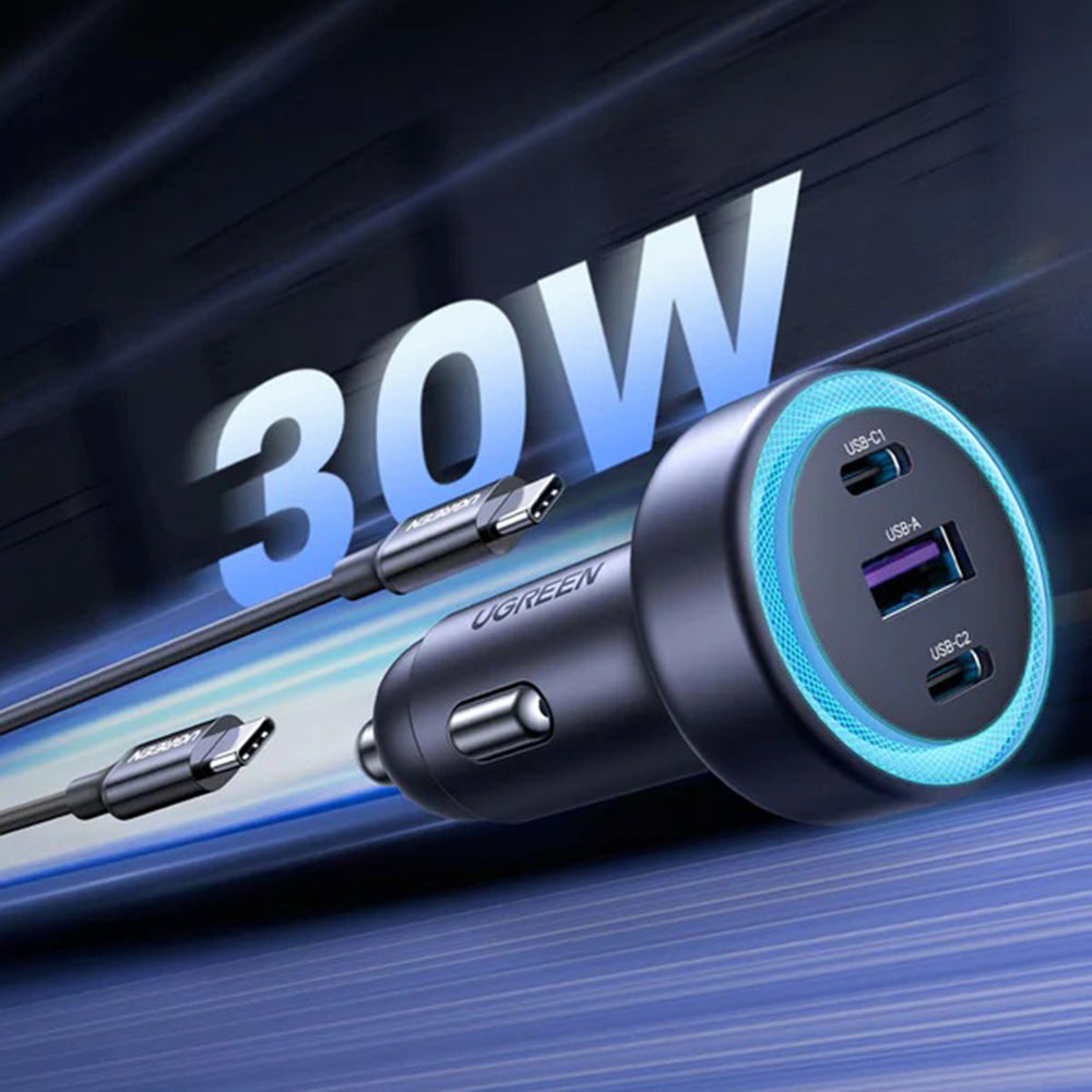 Autonabíjačka UGREEN EC307, 30W, 3A, 1 x USB-A - 2 x USB-C, Sivá