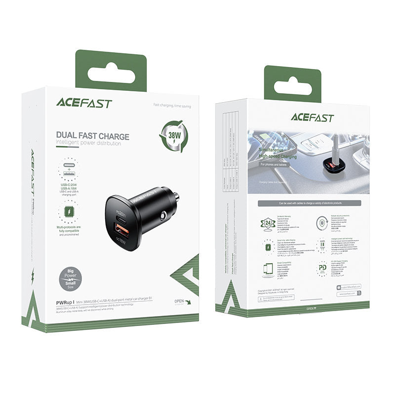 Auto nabíjačka Acefast B1, 38W, 3A, 1 x USB-A - 1 x USB-C, Čierna