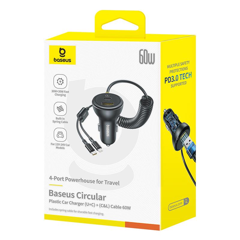 Auto nabíjačka s káblom USB-C / Lightning Baseus Circular, 60W, 3A, 1 x USB-A - 1 x USB-C, Čierna C00035902121-00