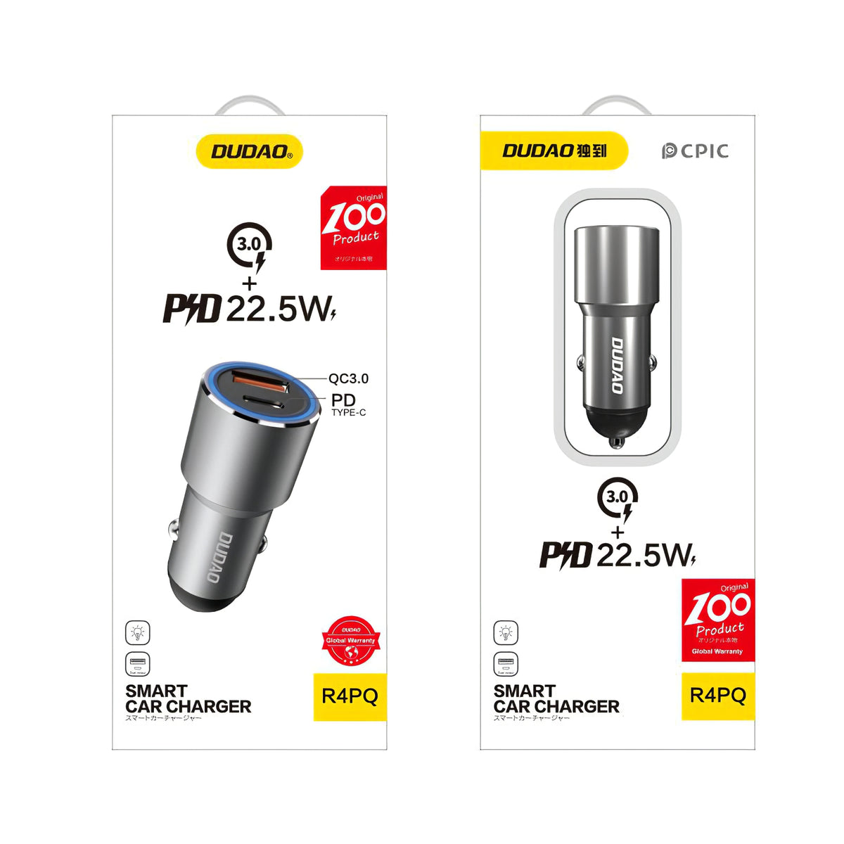 USB autonabíjačka Dudao R4PQ, 1 x USB - 1 x USB Typ-C, 22,5 W, Quick Charge - Power Delivery, sivá