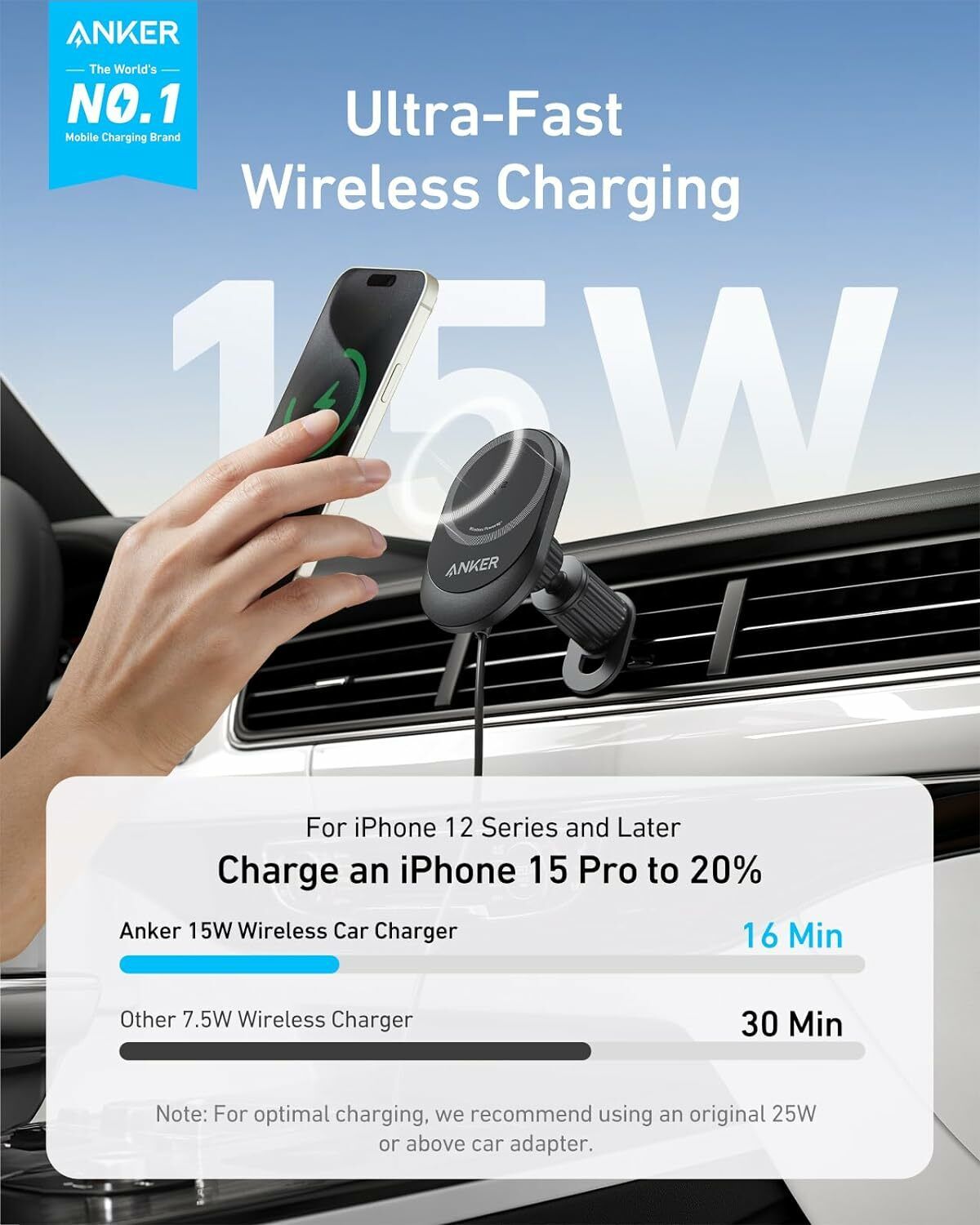 Anker MagGo Wireless Car Charger, 15W, 1.67A, Black B2932G11